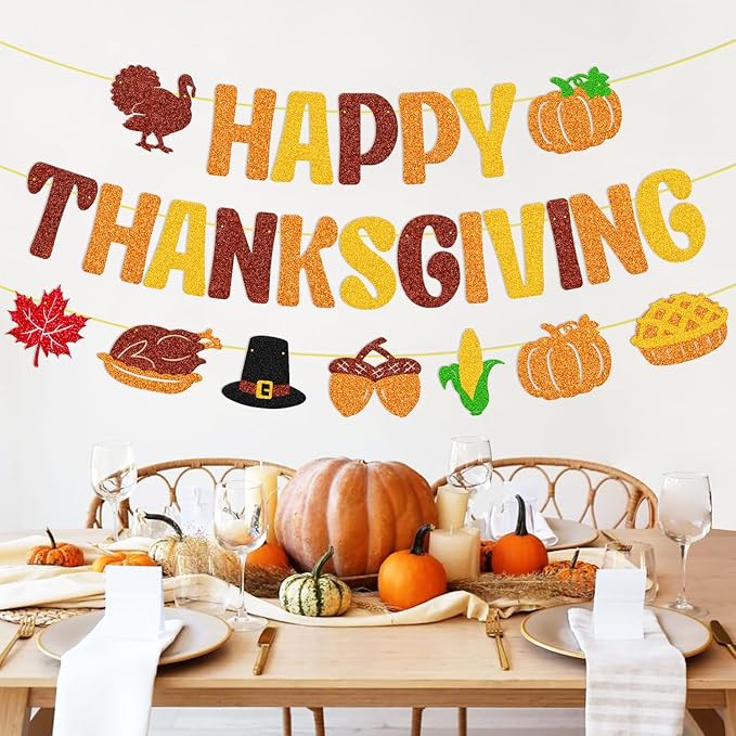 Happy Thanksgiving Banner Thanksgiving Day Garland Fall Maple Leaves Autumn Pumpkin Pie Turkey Harvest Theme Banner Thanks Giving Party Decorations