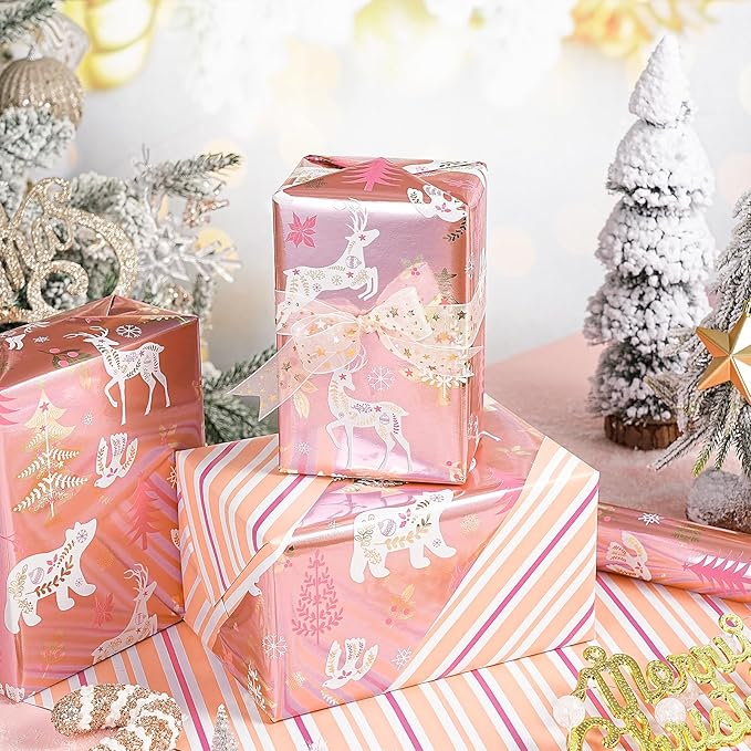 RUSPEPA Christmas Reversible Wrapping Paper Roll for Girls, Jumbo Roll, Rose Gold Foil Reindeer, Polar Bear, Tree, Floral Design, Pink White Stripes Gift Wrap for Holiday Gifts, 30 Inches x 32.8 Feet