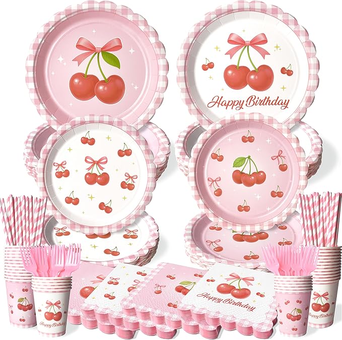 300 Pcs Cherry Plates and Napkins Tableware Set (Serves 50), Plates Napkins Cups Straws and Forks Sets, Cherry Party Birthday Supplies, Tropical Baby Shower Birthday Bridal Party Decorations