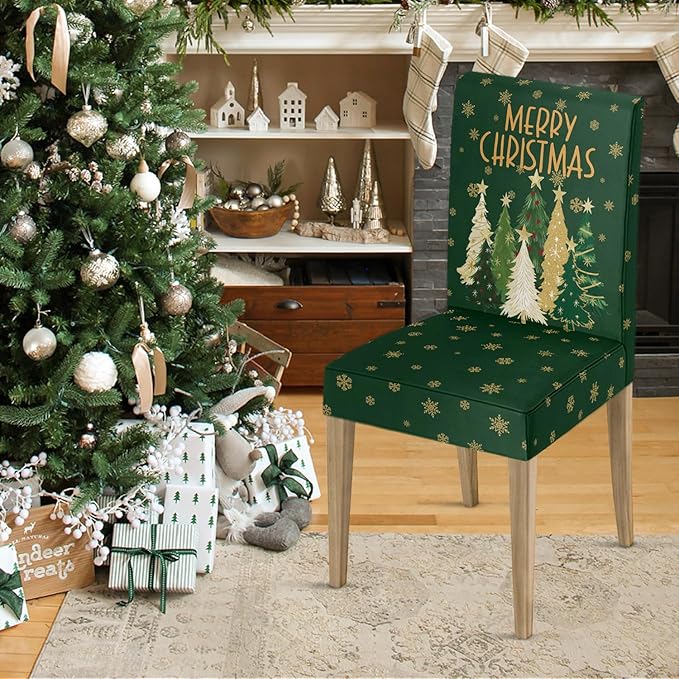 Horaldaily 4PCS Christmas Dining Green Chair Covers, Christmas Pine Tree Stars Stretch Removable Washable Slipcover Chair Protector for Dining Room Home Decor