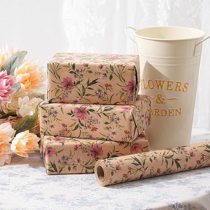 ZINTBIAL Kraft Floral Wrapping Paper Roll - Pink and Purple Floral Design, 17 Inches x 16.5 Feet, Gift Wrap for Wedding, Bridal Shower, Birthday, Mother's Day, Cut Lines on Back