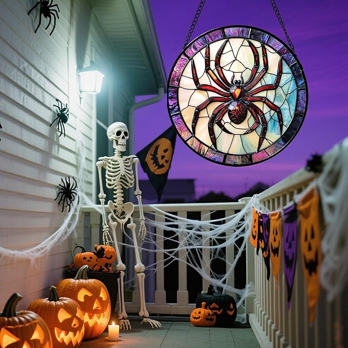 Stained Glass Window Hanging - Halloween Decorations Red Spider Goth Suncatcher for Doors Garden Indoor Funny Spooky Sun Catchers Gothic Decor Horror Gifts for Women Men Friend 9.8 in