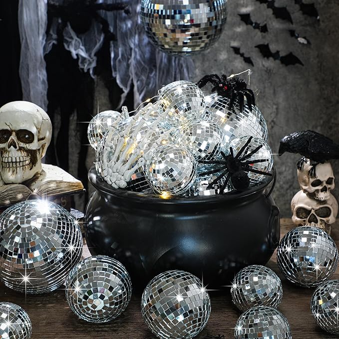 Sumind 25 Pcs Disco Balls Decoration Mirror Disco Balls Silver Hanging Decorations Reflective Dance and Music Festivals for DIY Halloween Christmas Stage Hall Prop (3.2'' 4'' 6'' 8'')