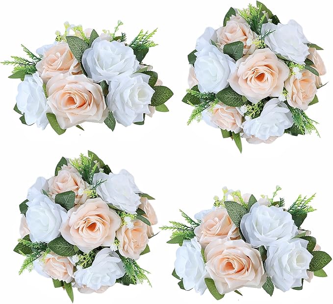Artificial Flowers Ball 4 Pcs Champagne White Flowers Wedding Table Centerpiece Table Decorations Flower Arrangement for Table Flowers centerpieces Wedding Flowers Wedding centerpieces