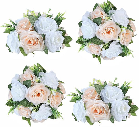 Artificial Flowers Ball 4 Pcs Champagne White Flowers Wedding Table Centerpiece Table Decorations Flower Arrangement for Table Flowers centerpieces Wedding Flowers Wedding centerpieces