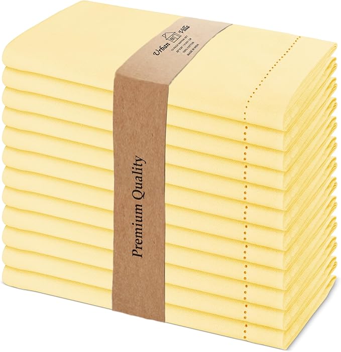 Urban Villa Cloth Napkins Yellow Hemstitch Dinner Napkins Set of 12 20X20 Inches 100% Cotton Absorbent Washable Durable Reusable Ideal for Farmhouse Party Thanksgiving Harvest Fall Dinner Napkins