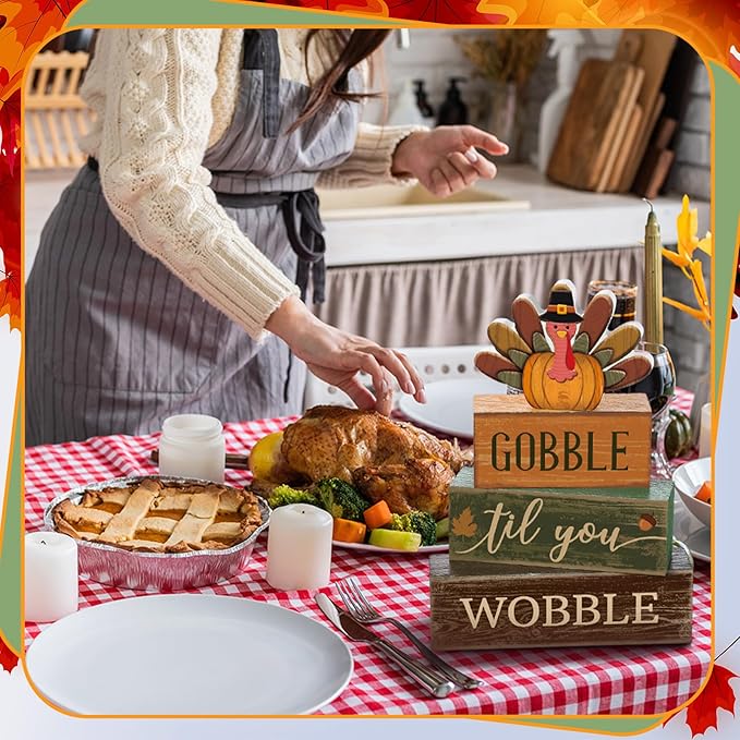 4 Pcs Thanksgiving Decoration for Home Wooden Turkey Decor Thanksgiving Table Decor Fall Tiered Tray Decoration Thanks Giving Centerpiece Rustic Turkey Block Sign for Harvest Party Kitchen