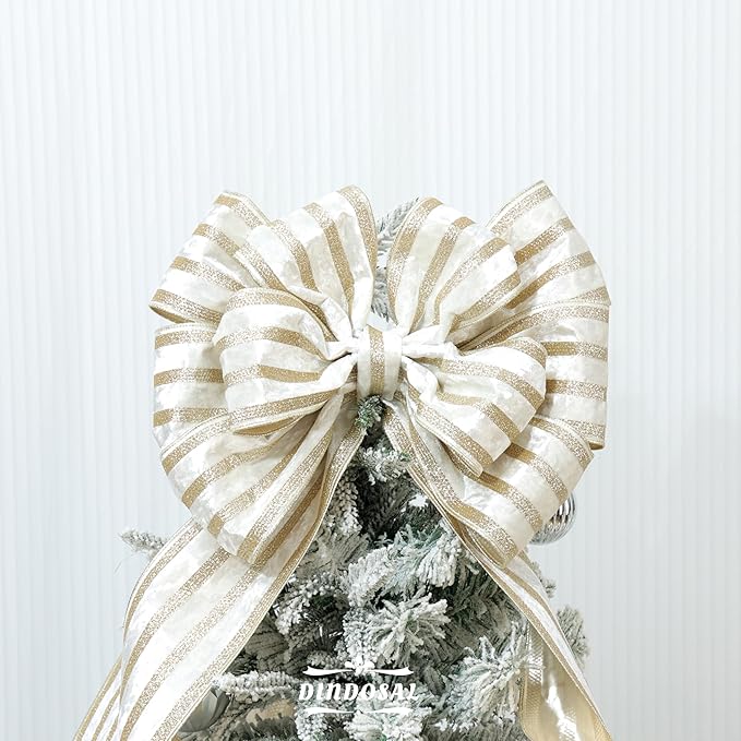 Ivory Velvet Wired Ribbon with Champagne Glitter Stripe 4 Inch Crushed Velvet Christmas Ribbon, 10 Yards for Gift Wrapping, Crafts, Christmas Tree Decorations, Wreath Supplies, Garlands