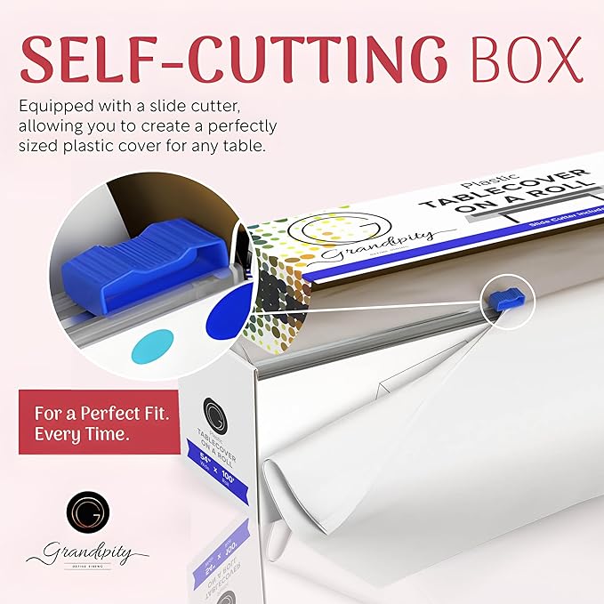 Grandipity Plastic Tablecloth Roll - 54in x 100 Ft. White Plastic Table Cloths for Parties Disposable with Cutter Box - Cut to Size Disposable Tablecloth Table Cover for Rectangle & Round