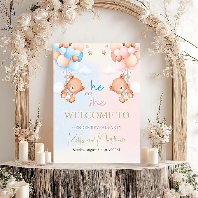 Gender Reveal Welcome Sign – Teddy Bear Balloon Theme,Personalized Teddy Bear Gender Reveal Welcome Sign, He or She Yard Sign, Boy or Girl Gender Reveal Sign, We Can Bearly Wait Gender Reveal .15