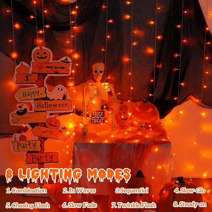 YEGUO 165ft 500 LED Halloween Lights Outdoor Waterproof, Orange String Lights Indoor Plug in, 8 Modes Clear Wire Orange Lights for Halloween