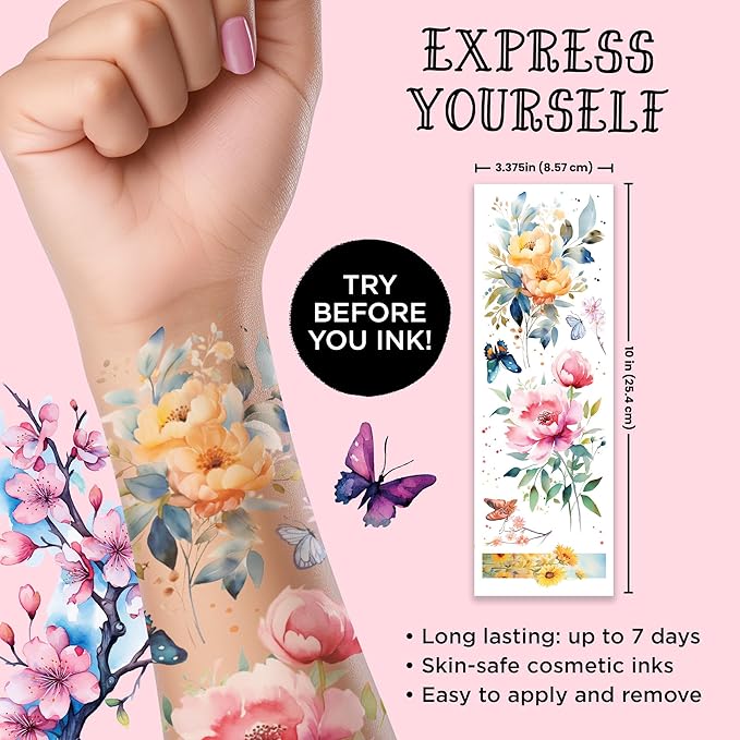 Savvi - 10 Watercolor Temporary Tattoos: Skin-Safe Ink, Flower and Butterfly Tattoo Set, Great for Parties and Everyday Wear, Gifts for Teens and Adults, Made in the USA [2 sheets, 10 count]