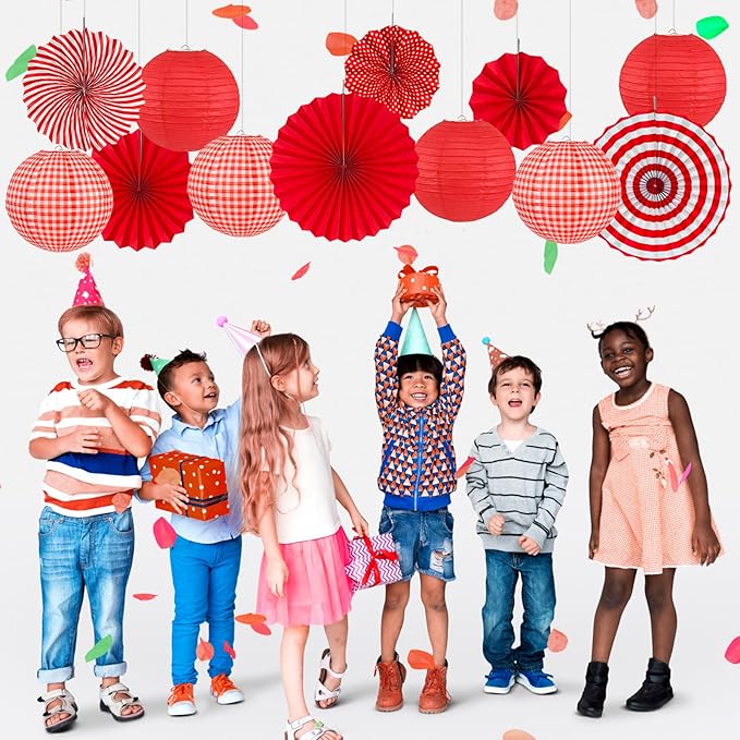 15Pcs Red Party Decorations Supplies Set, Hanging Red Paper Lanterns Paper Fans for Home Decor Birthday Wedding Graduation Picnic BBQ Baby Shower Pizza Party