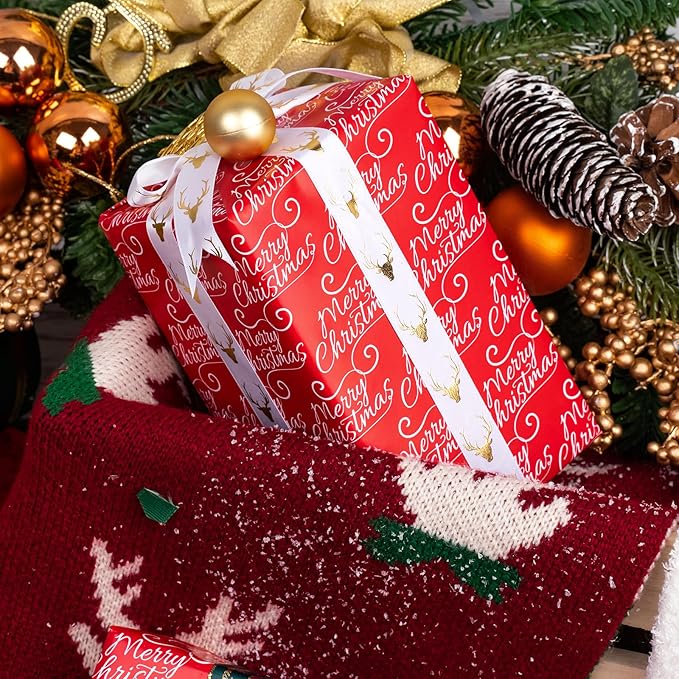 WRAPAHOLIC Reversible Red Christmas Wrapping Paper - Mini Roll - 17 Inch x 33 Feet - Merry Christmas and Solid Red Wrapping Paper for Holiday, Party Celebration