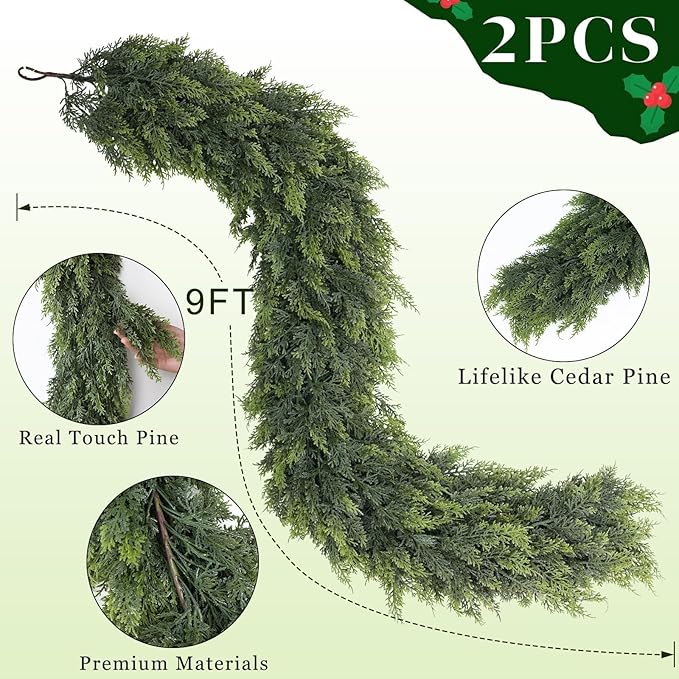 Real Touch Christmas Cedar Garland -9ft Artificial Garlands Faux Cedar Fake Pine Needles Garland for Fireplace,Table,Window,Stairs,Mante,Holiday Indoor Outdoor Xmas Decor(2PCS)
