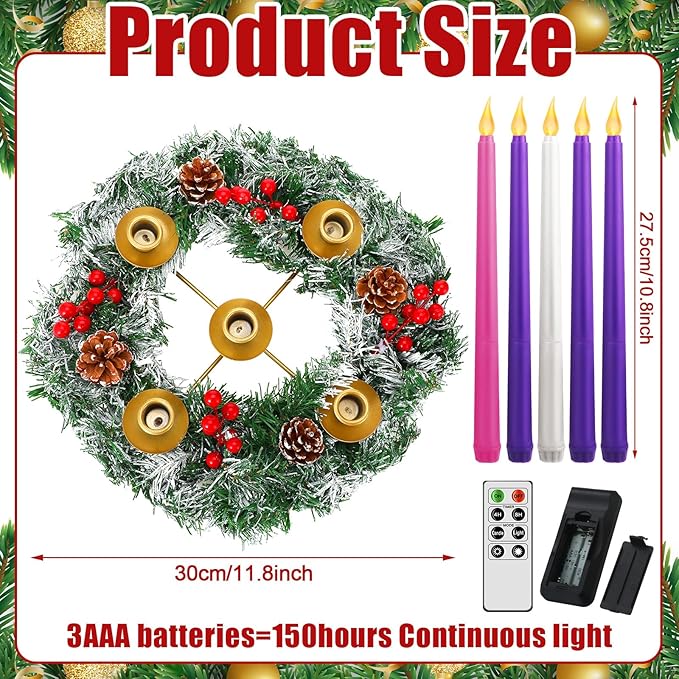 Tioncy 12 Inch Christmas Advent Wreath Candle Holder with 5 Flameless Candles Remote Control Wreaths Holder Centerpiece Decoration with Berries(Snowy Cedar Pine,11 x 0.8 x 0.8 in)