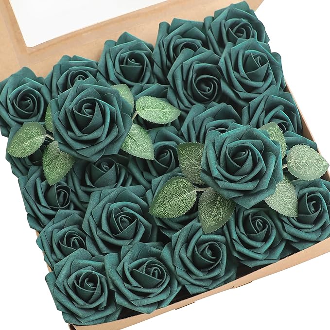 Floroom Artificial Flowers 25pcs Real Looking Peacock Green Foam Fake Roses with Stems for DIY Wedding Bouquets Bridal Shower Centerpieces Floral Arrangements Party Tables Home Decorations