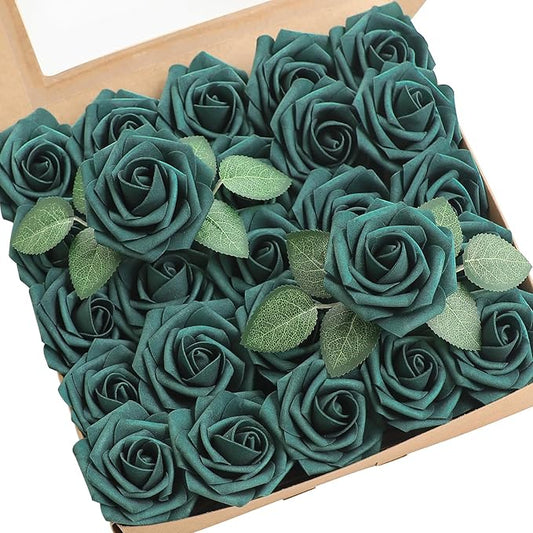 Floroom Artificial Flowers 25pcs Real Looking Peacock Green Foam Fake Roses with Stems for DIY Wedding Bouquets Bridal Shower Centerpieces Floral Arrangements Party Tables Home Decorations