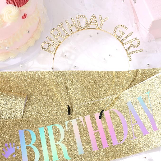 CAVETEE Birthday Girl Crown and Sash， Princess Tiara Happy Birthday Headband Party Accessories for Women and Girls