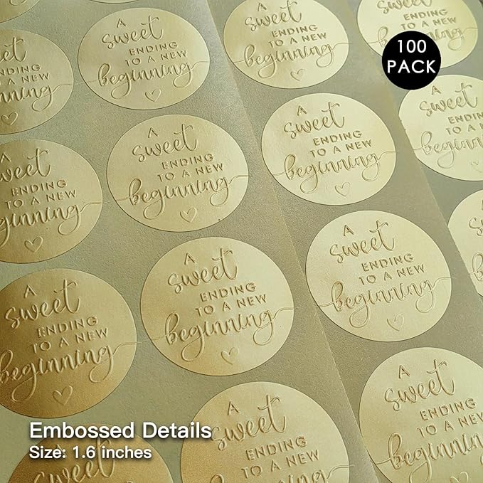 100 x A Sweet Ending to a New Beginning Stickers – Embossed Gold Foil Labels – Wedding & Graduation Favor Stickers for Candy or Gift Bags – Elegant Party Seals, 1.6 Inch