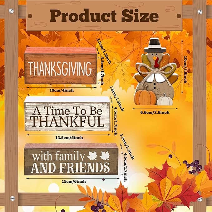4 Pcs Thanksgiving Decoration for Home Wooden Turkey Decor Thanksgiving Table Centerpiece Fall Tiered Tray Decor Rustic Decorative Turkey Block Signs Gift for Home Kitchen Shelf