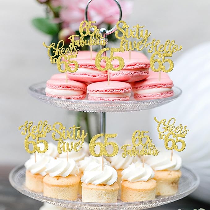 30PCS Happy 65th Birthday Cupcake Toppers Glitter Hello 65 Fabulous Sixty Five Cheers to 65 Years Old Birthday Cupcake Picks for Happy 65th Birthday Anniversary Party Cake Decorations Supplies Gold