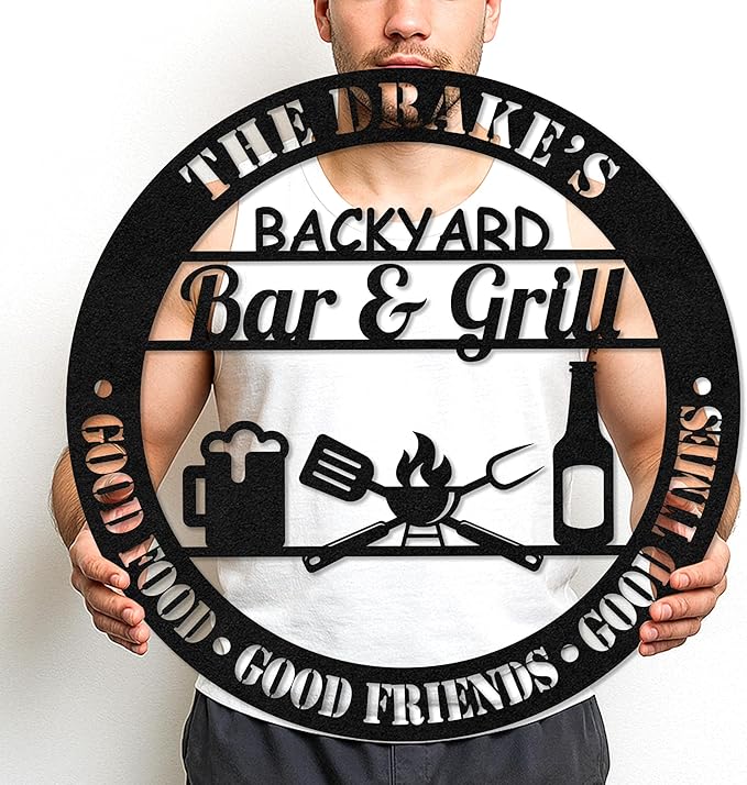 Custom BBQ Grill Metal Sign Personalized Name Wall Art for Outdoor Barbecue Patio Kitchen Backyard Decor Gift for Dad Husband Men Papa Grandpa Father Grilling Enthusiasts Family Lover Funny Gifts 08