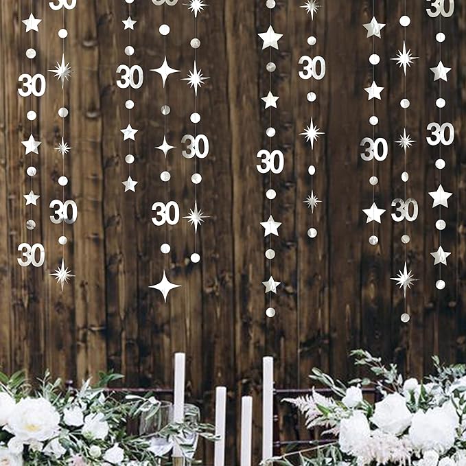 Silver 30th Birthday Decorations Number 30 Circle Dot Twinkle Star Garland Metallic Streamer Banner Backdrop for Mens Womens Happy Dirty Thirty Cheers to 30 Years Old 30th Anniversary Party Supplies