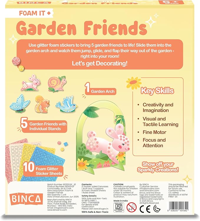 BINCA Foam Sticker Mosaic Art Activity, 750+ 3D Glitter Foam Stickers, 5 Garden Animals with Display Arch, Christmas Stocking Stuffers, DIY Mess-Free Activities, Gifts for Boys & Girls Ages 5,6,7,8