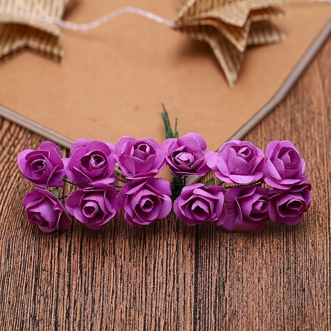 144pcs Mulberry Paper Mini Roses Artificial Flowers Heads with Stems for DIY Crafts Accessories Make Bridal Hair Clips Headbands Dress Wedding Bridal Bouquet Party Decor Valentine's (Light Purple)