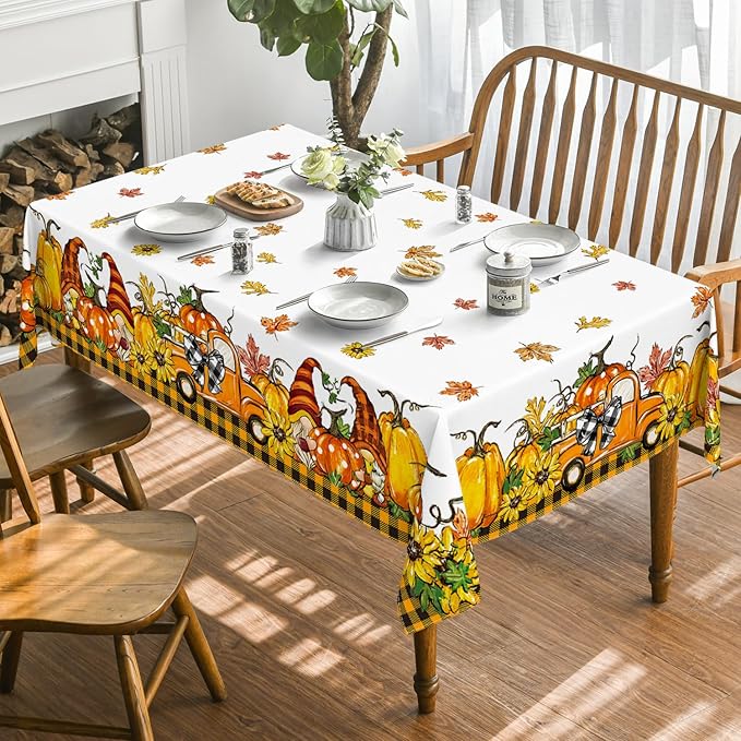 Horaldaily Fall Tablecloth 60x60 Inch Square, Thanksgiving Autumn Harvest Orange Truck Gnome Pumpkin Buffalo Plaid Table Cover for Party Picnic Dinner Decor