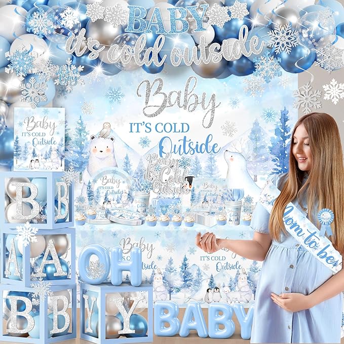 Baby Its Cold Outside Baby Shower Decorations,Pink Winter Wonderland Baby Shower Decorations Plates Napkins Cup Backdrop Banner Swirls Tablecloth Balloons Box for Boy Winter baby Shower Decorations
