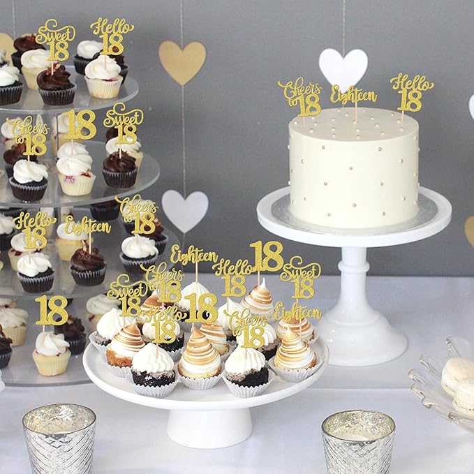 30PCS Happy 18th Birthday Cupcake Toppers Glitter Eighten Sweet 18 Hello 18 Cupcake Picks Cheers to 18 Birthday Decorations for 18th Birthday Anniversary Party Cake Decoration Supplies Gold