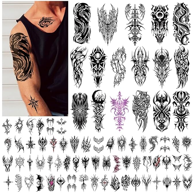 77 Sheets Cyborg Tribal Temporary Tattoo for Women Men, 17 Half Arm Large Skull Butterfly Fake Tattoos, 60 Black Vintage Tiny Adult Kid Body Tattoos Stickers Realistic Waterproof Long Lasting