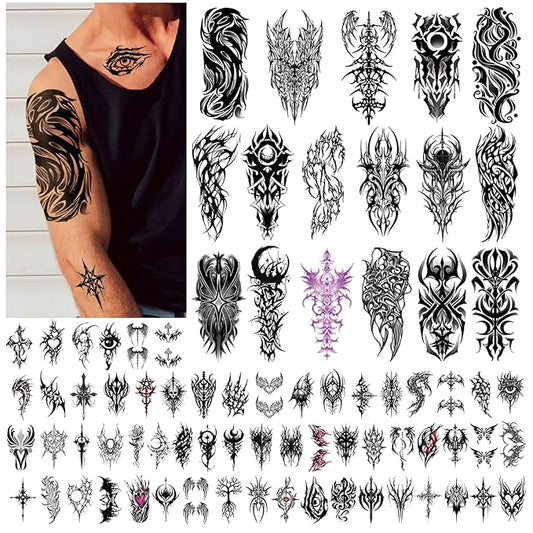 77 Sheets Cyborg Tribal Temporary Tattoo for Women Men, 17 Half Arm Large Skull Butterfly Fake Tattoos, 60 Black Vintage Tiny Adult Kid Body Tattoos Stickers Realistic Waterproof Long Lasting