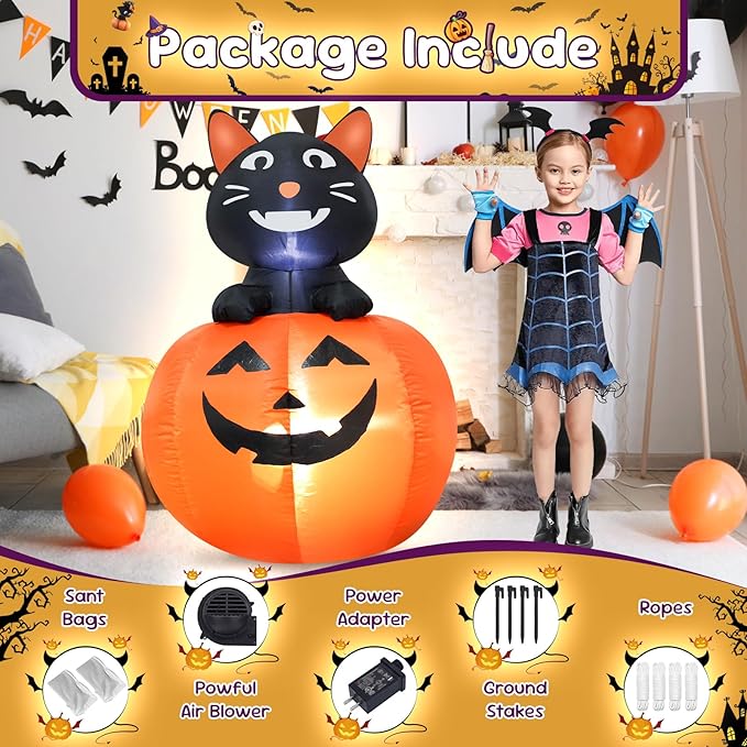 4FT Black Cat Halloween Pumpkin Inflatable Decoration Blow up Decoration with LED Lights Indoor Outdoor Yard Graden Holiday Party Decor