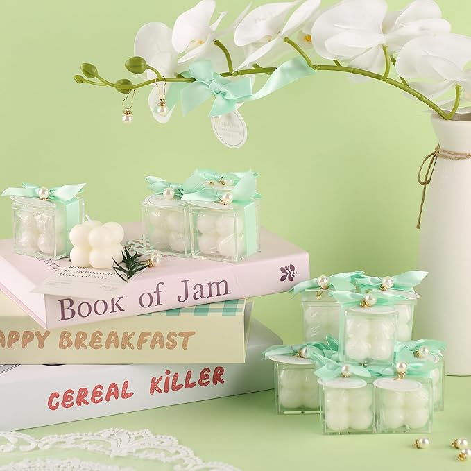 20 Pcs Small Bubble Candles Elegant Party Favors Bulk Set with Decorative Ribbons Thank You Cards for Bridal Shower Guest Gifts (20, Green)