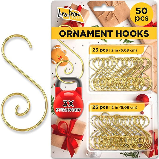 Leafeon 50 Pack S-Shaped Christmas Ornament Hooks for Christmas Tree Decoration – The Best Holiday S-Shaped Xmas Ornament Hangers (Gold)