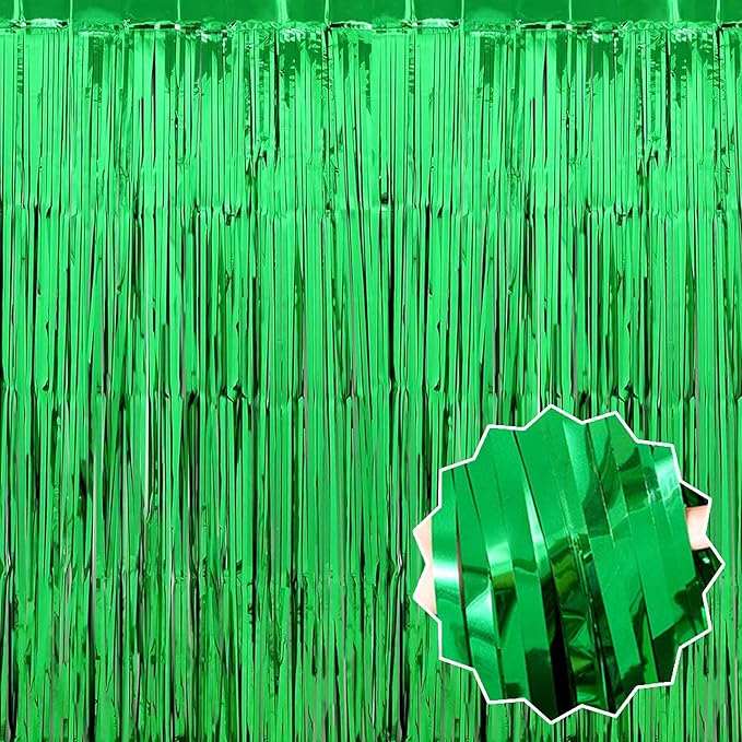 3 Pack Green Foil Fringe Curtains Backdrop, 3.28 x 6.6 Ft Metallic Streamers Tinsel Curtains Background for Photo Booth, Birthday, Halloween, Christmas, Thanksgiving, New Year Party Decorations