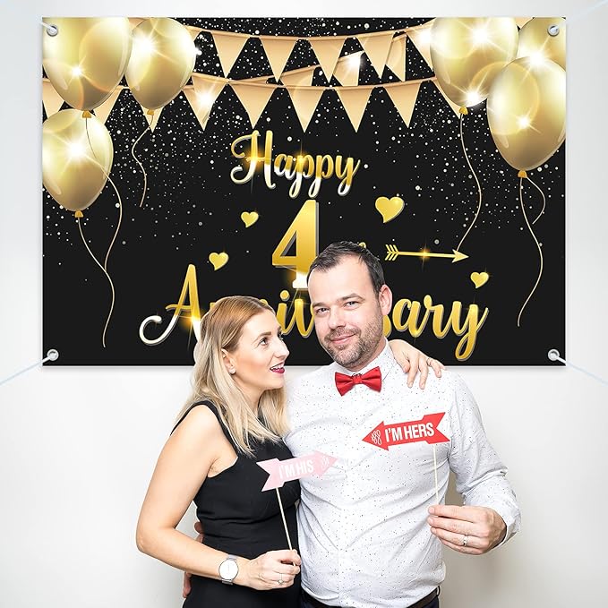 HAMIGAR 6x4ft Happy 4th Anniversary Banner Backdrop - 4 Wedding Anniversary Decorations Party Supplies - Black Gold