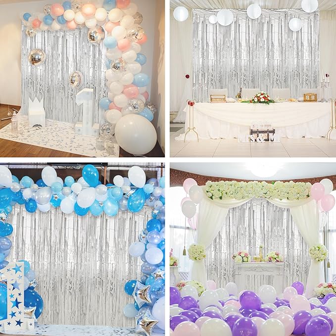 Crosize 7 Pack 3.3 x 9.9 ft Silver Foil Fringe Backdrop Curtain, Streamer Backdrop Curtains, Birthday Party Decorations, Tinsel Curtain for Parties, Galentines Decor, Preppy, Photo Booth
