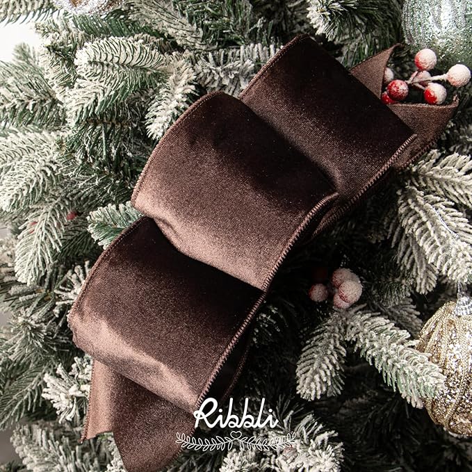 Ribbli Dark Brown Velvet Wired Ribbon 4 Inch Velvet with Satin Christmas Ribbon for Gift Wrapping Christmas Tree Decoration Crafts Wreaths Supplies-Continuous 10 Yards