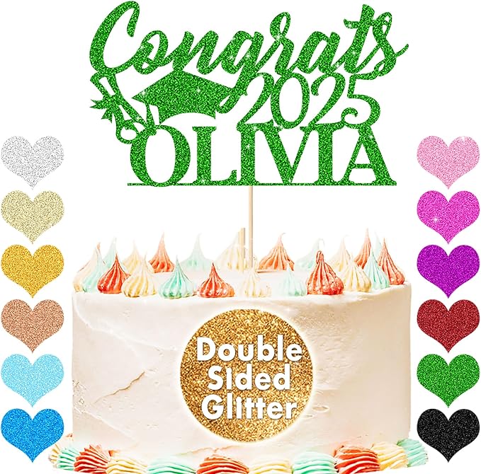 Personalized Cake Topper Custom Congrats Graduation Hat Student Class of 2025 Double Sided Glitter Card with Any Name (Green)