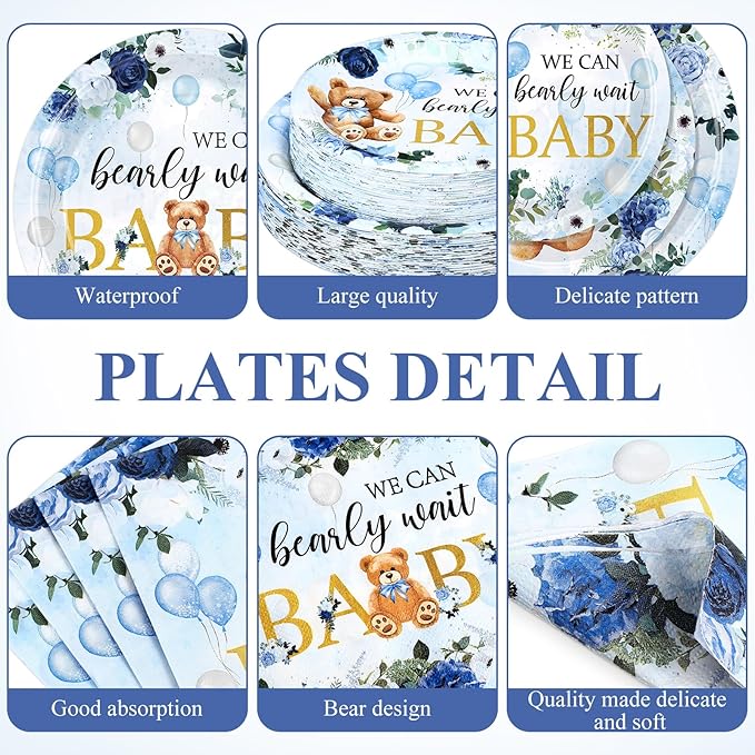 250 Pcs We Can Bearly Wait Baby Shower Party Decorations Blue Paper Plates Napkins and Cups Bear Boy Party Tableware Set for Spring Baby Shower Gender Reveal Supplies, Serves 50