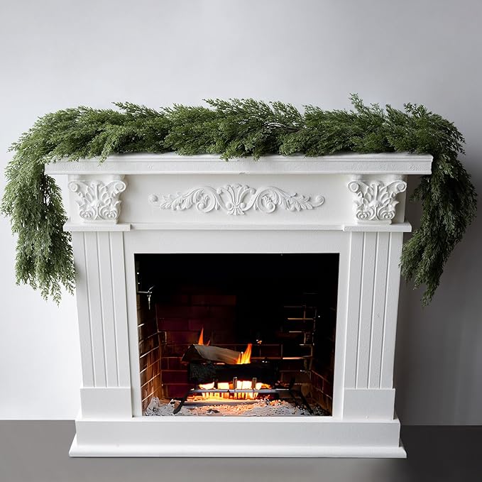 9FT Christmas Garland, Artificial Pine Needle Cypress Garlands, Realistic Pine Cypress for Decoration Christmas Table Mantle Wall Room Outdoor Indoor Holiday Winter Decor