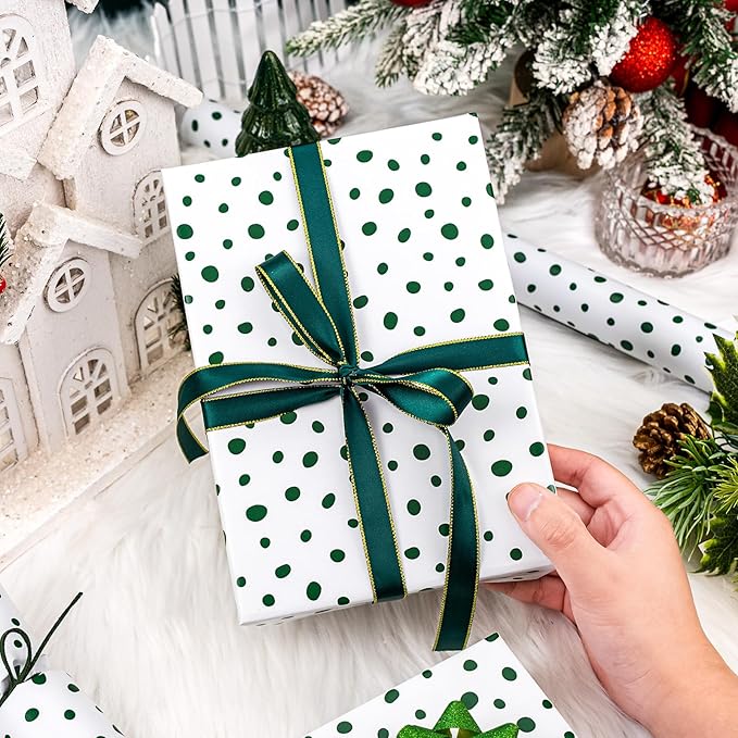 Burymento Green Lrregular Wave Point Wrapping Paper, Reversible Gold Gift Wrap for Birthday, Valentines, Mothers day, Graduation, Wedding, Fathers day, Baby Shower, Christmas (17in x 16.4ft)