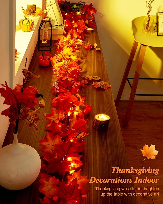 VCOKEN 11FT Fall Garland With Lights - 50 Bulbs Connectable Maple Leaves With Pumpkin, Plug-in Decor for Outdoor Indoor Halloween Thanksgiving Holidays