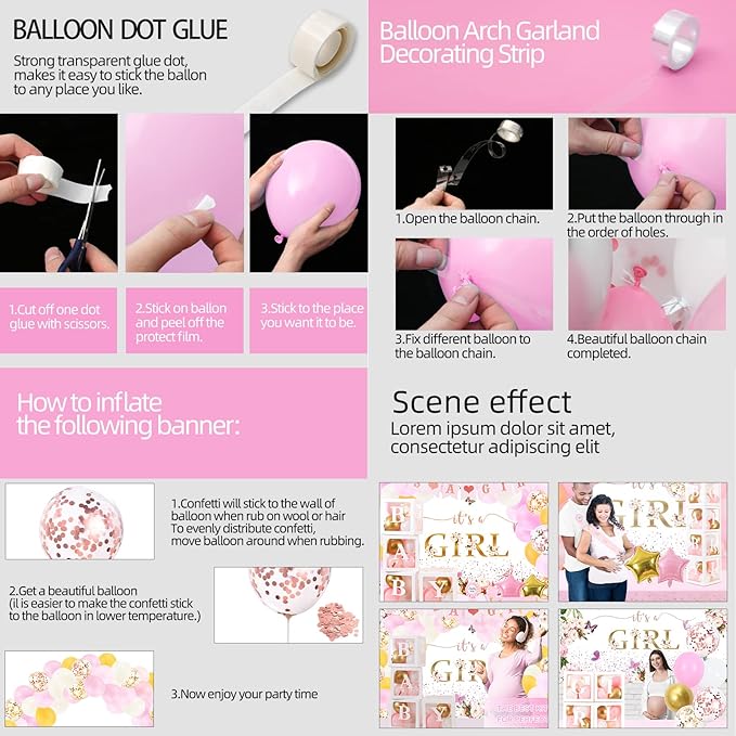 Pink Gold Baby Shower Decor Kit with It's a Girl Backdrop Banner, Balloons, Pink Balloon Garland, Tablecloth and Sash