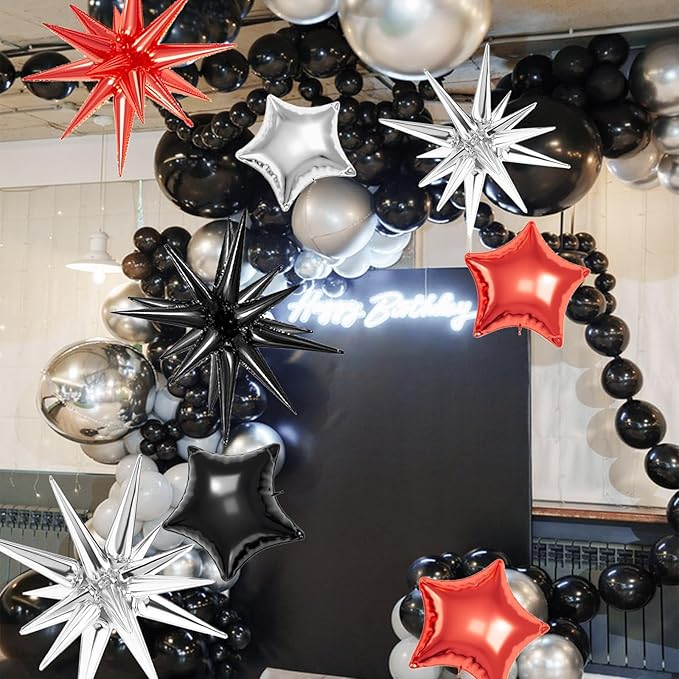 21 Pcs Star Balloons,22/18/10 Inch Star Foil Mylar Balloon,Spike Balloon and Four Pointed Balloons for Party Supplies Christmas Birthday Wedding Photo Booth (Silver Black Red)