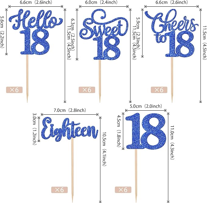 30PCS Happy 18th Birthday Cupcake Toppers Glitter Eighten Sweet 18 Hello 18 Cupcake Picks Cheers to 18 Birthday Decorations for 18th Birthday Anniversary Party Cake Decoration Supplies Blue